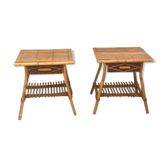 Paire de tables de chevets rotin vintage années 60
