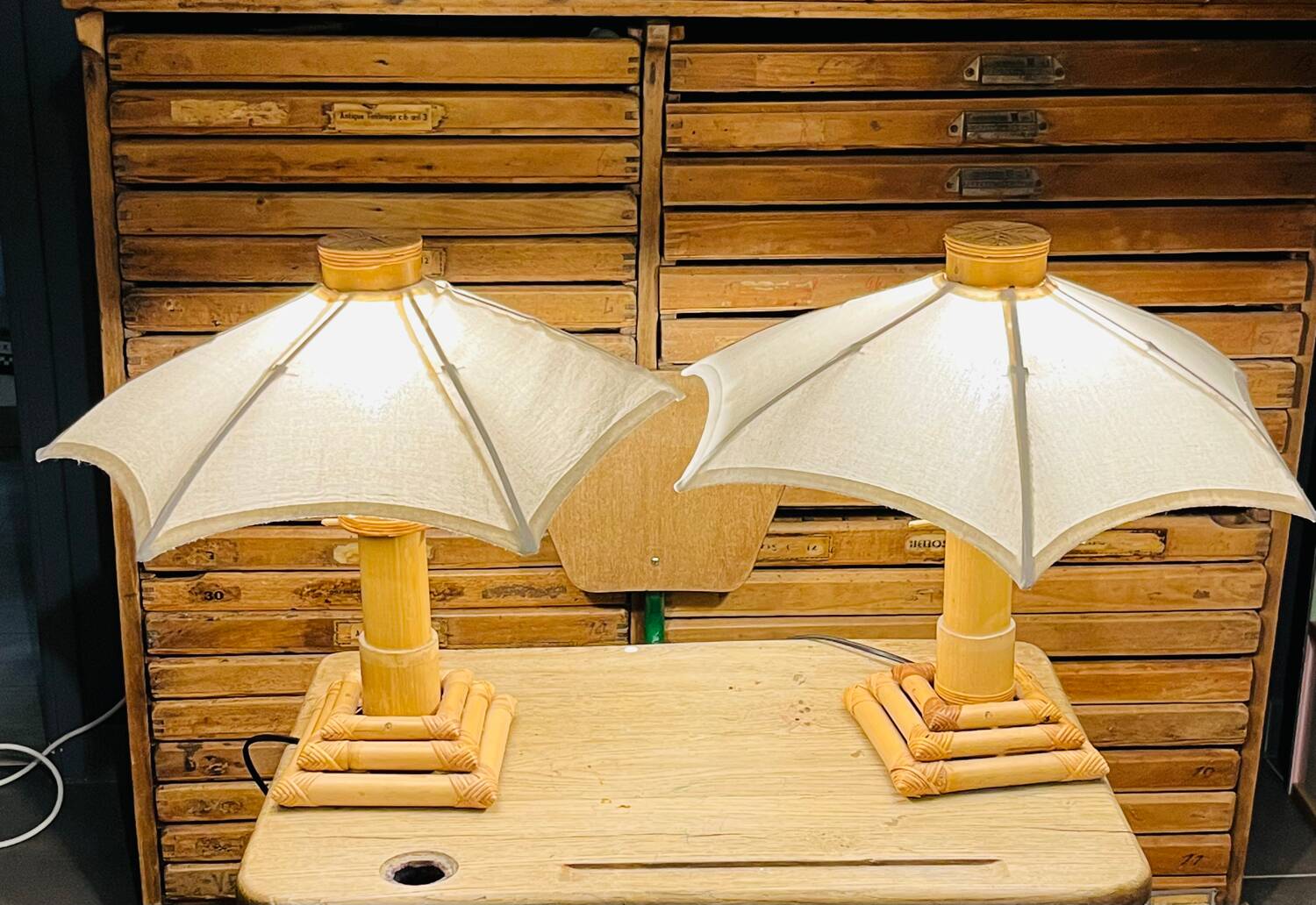 70s bamboo parasol lamps