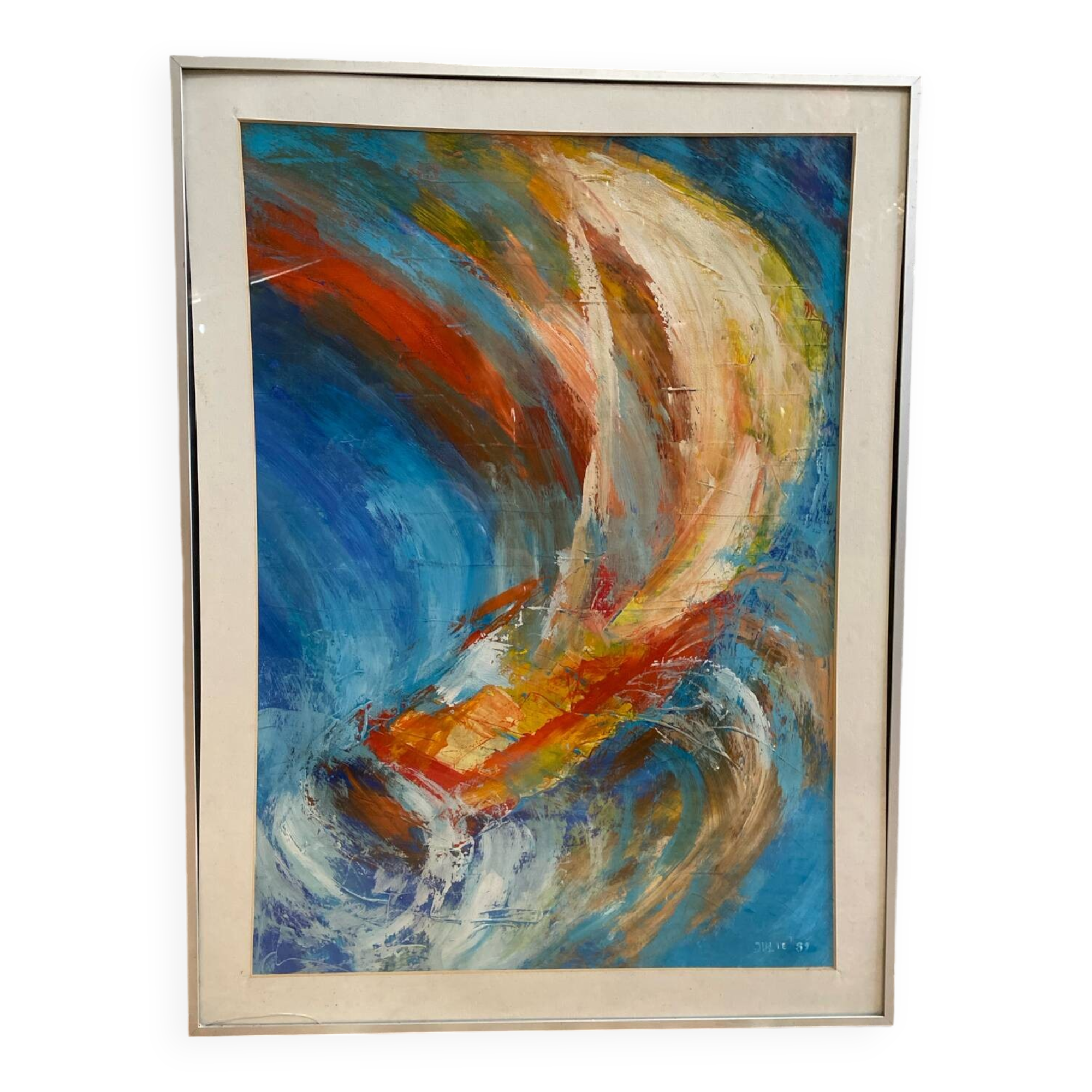 Old Oil On Paper JULIE Boat 89 + Grey Aluminum Frame