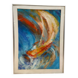 Old Oil On Paper JULIE Boat 89 + Grey Aluminum Frame