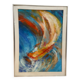 Old Oil On Paper JULIE Boat 89 + Grey Aluminum Frame