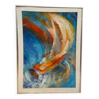 Old Oil On Paper JULIE Boat 89 + Grey Aluminum Frame
