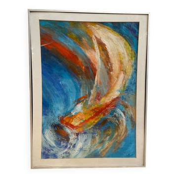 Old Oil On Paper JULIE Boat 89 + Grey Aluminum Frame