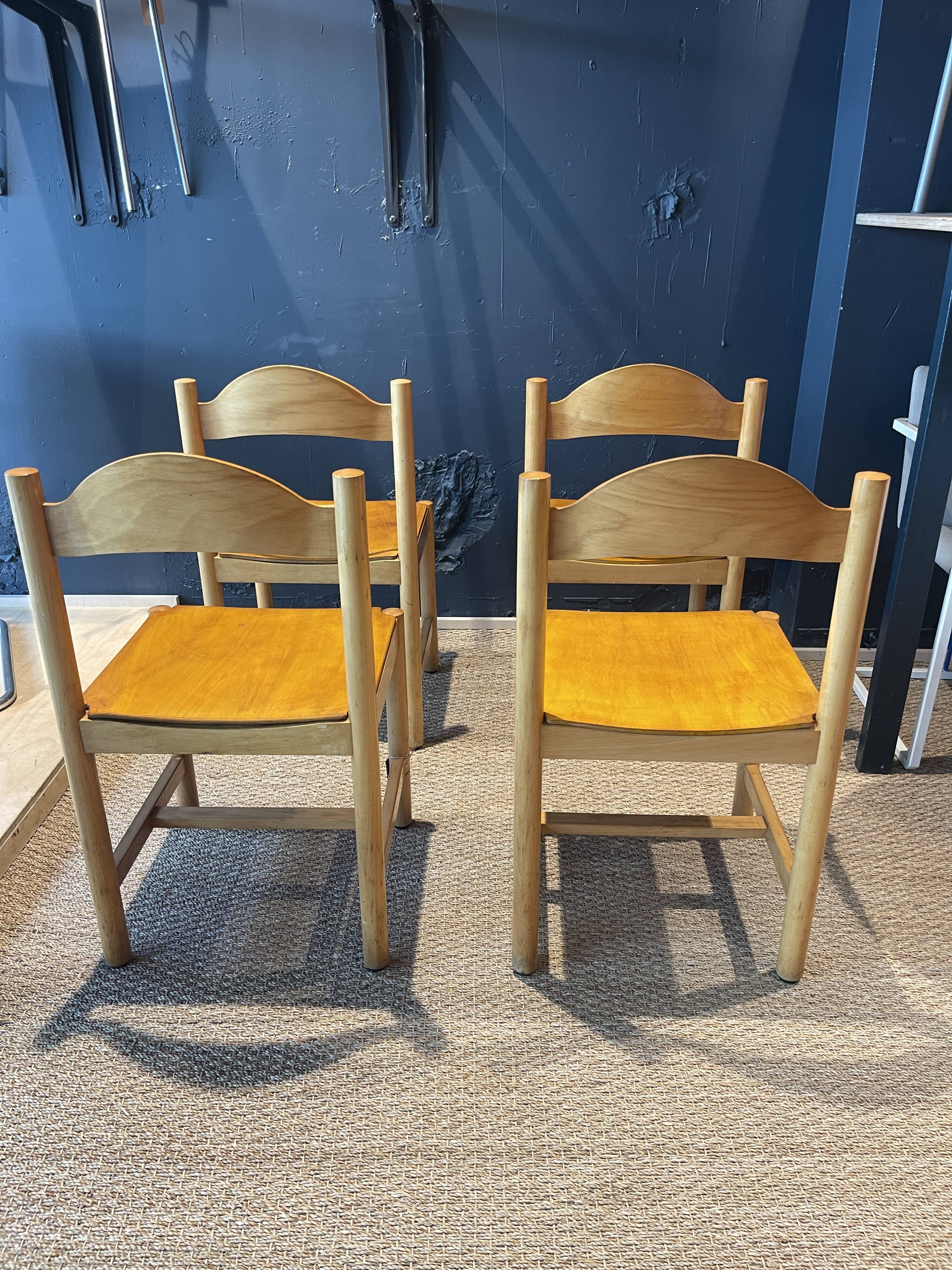 Set of 4 modernist light wood chairs from France, 1990s