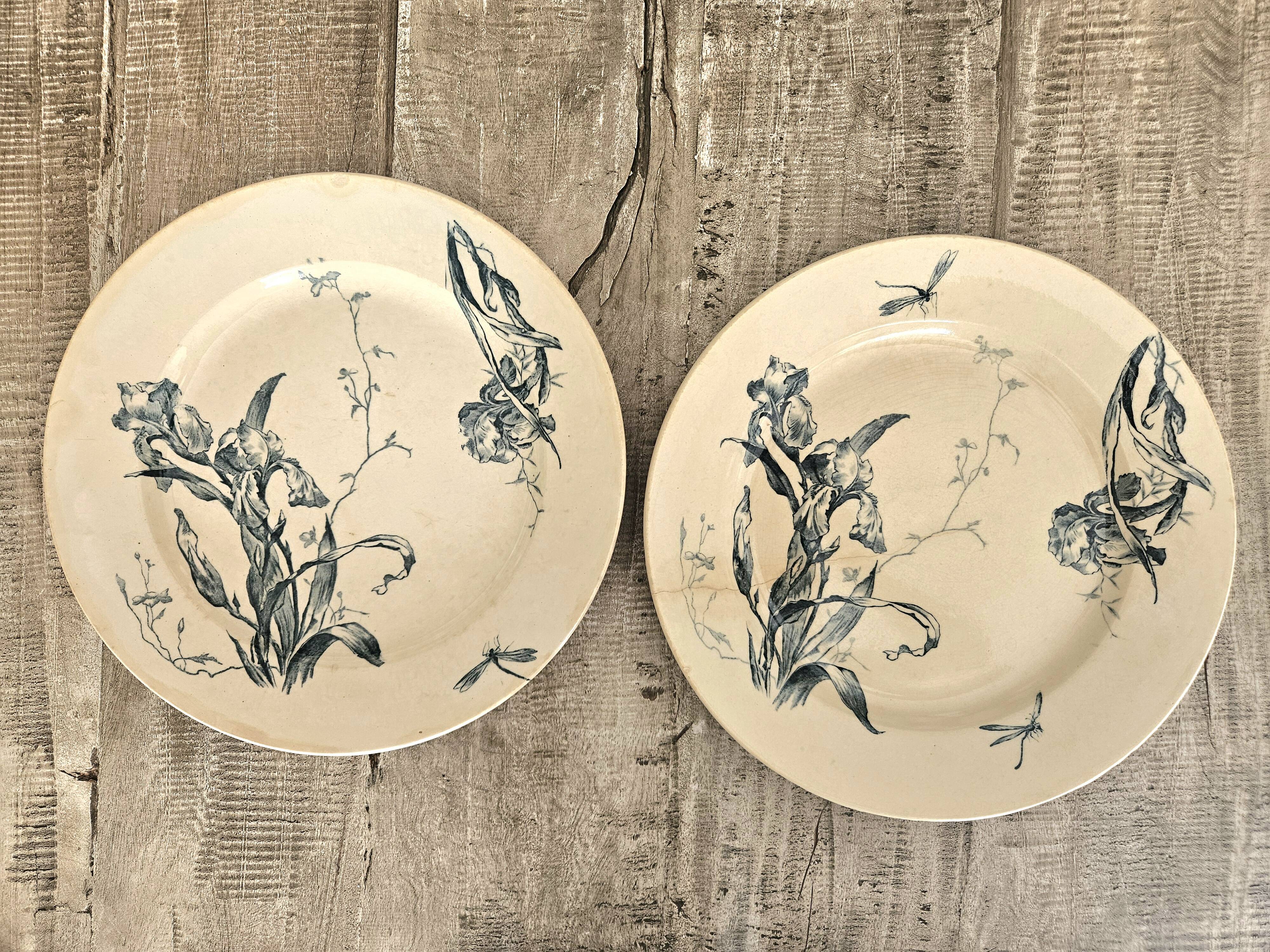 Pair of earthenware dishes from Gien, Iris model, 28 cm