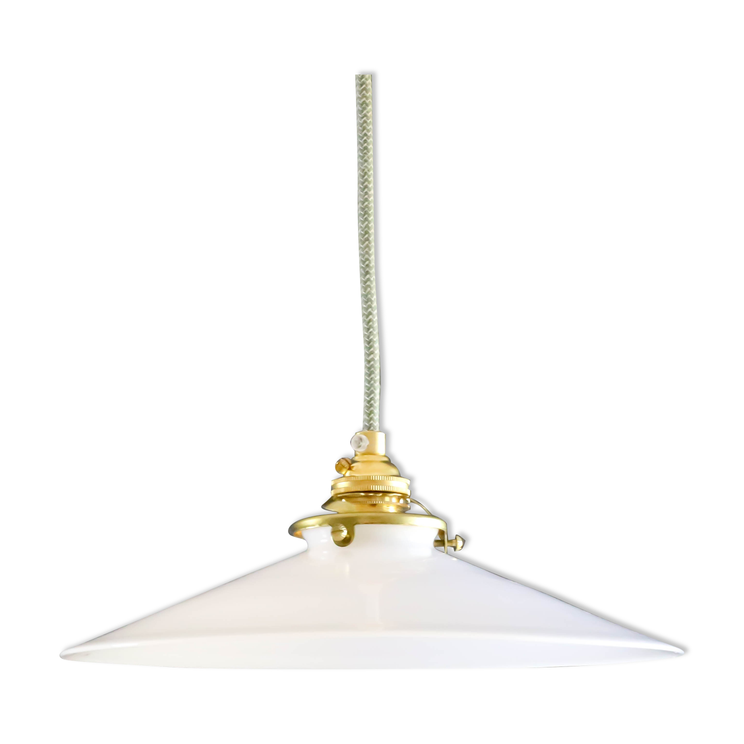 Smooth white opaline pendant lamp comes with a new cable and new brass socket