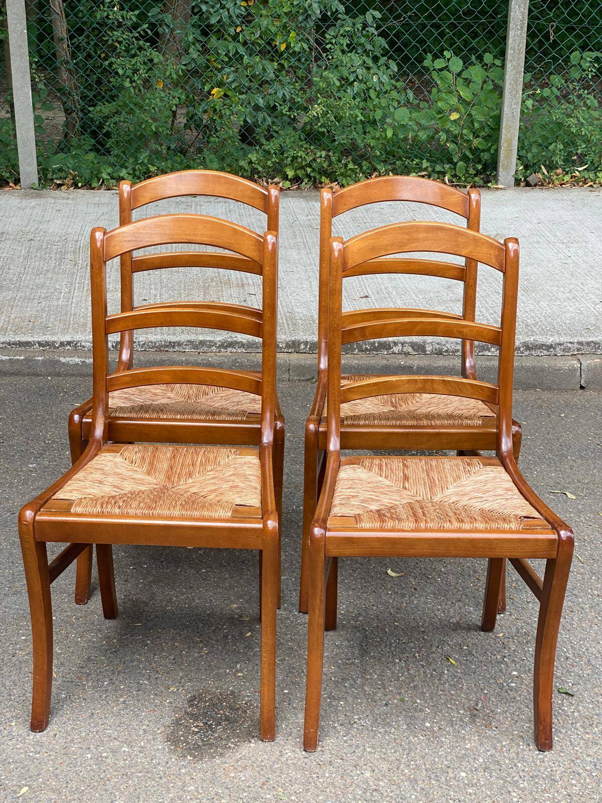 4 chaises de à manger en bois massif paillées dossier échelle 1970
