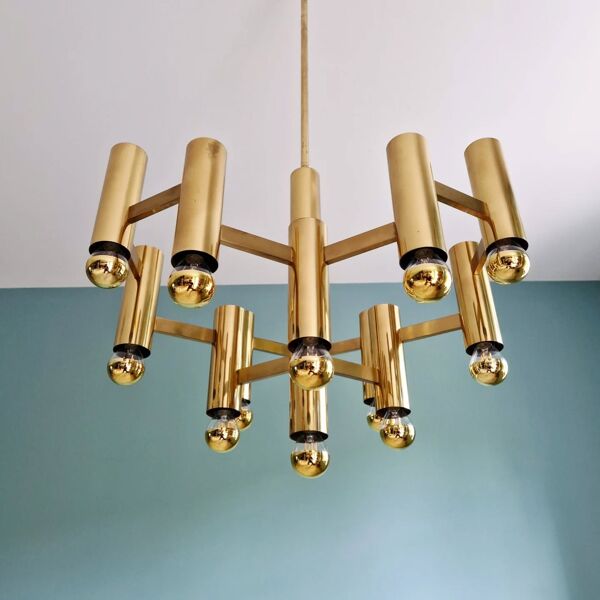 Grand lustre en laiton, design Gaetano Sciolari, Boulanger, 1970