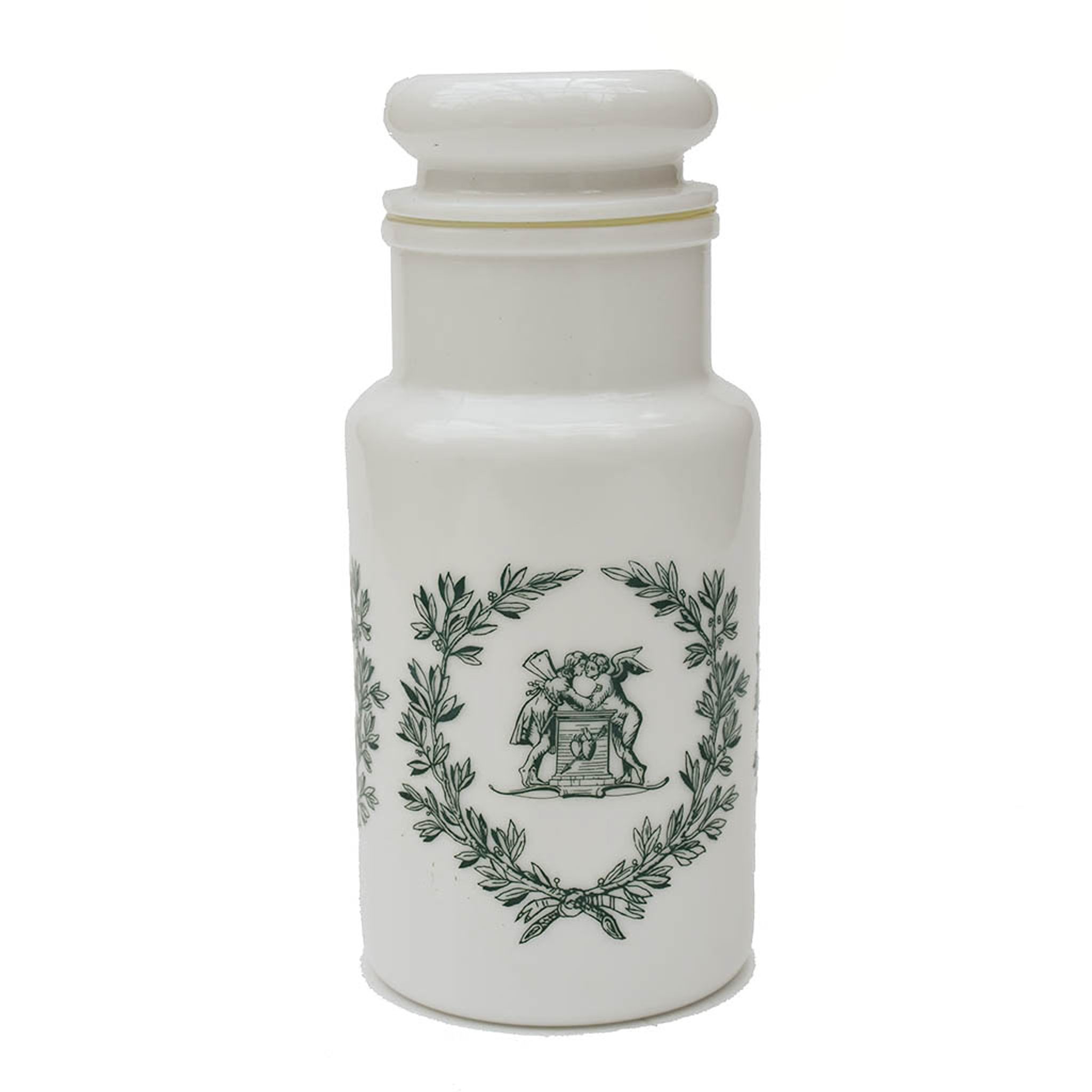 Lot 7 white opal glass jars with vintage airtight lid