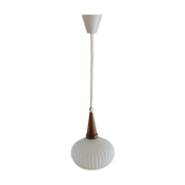 Scandinavian opaline and teak pendant light, 1960