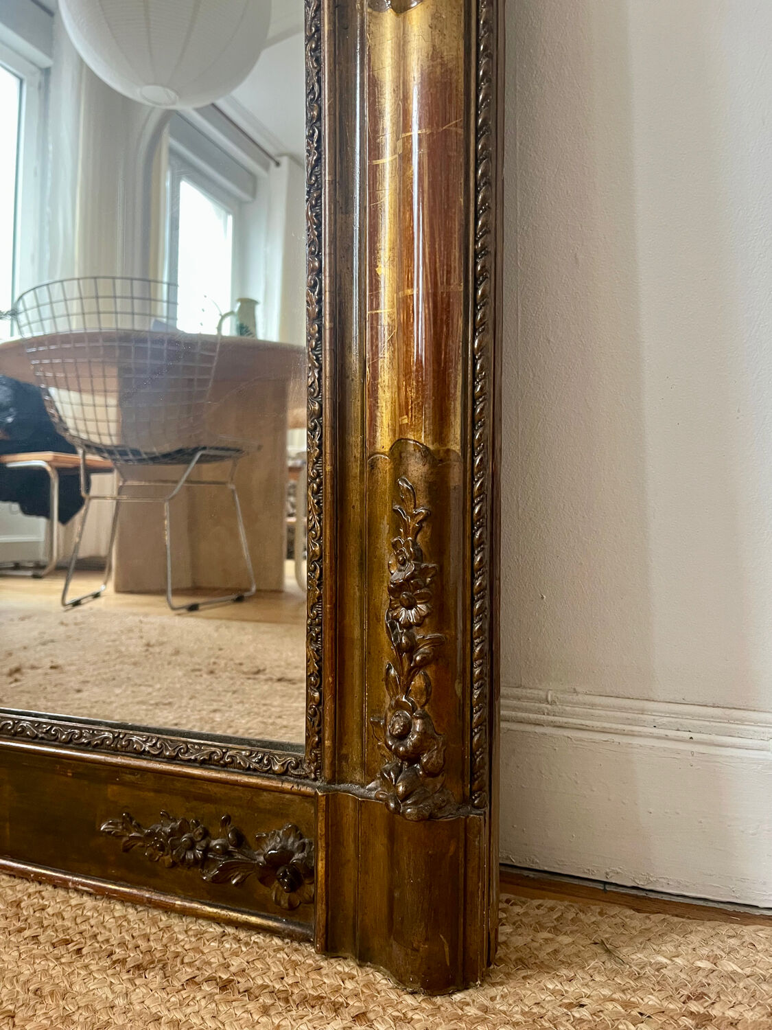 Large antique gilded wood mirror, 108cm x 118cm