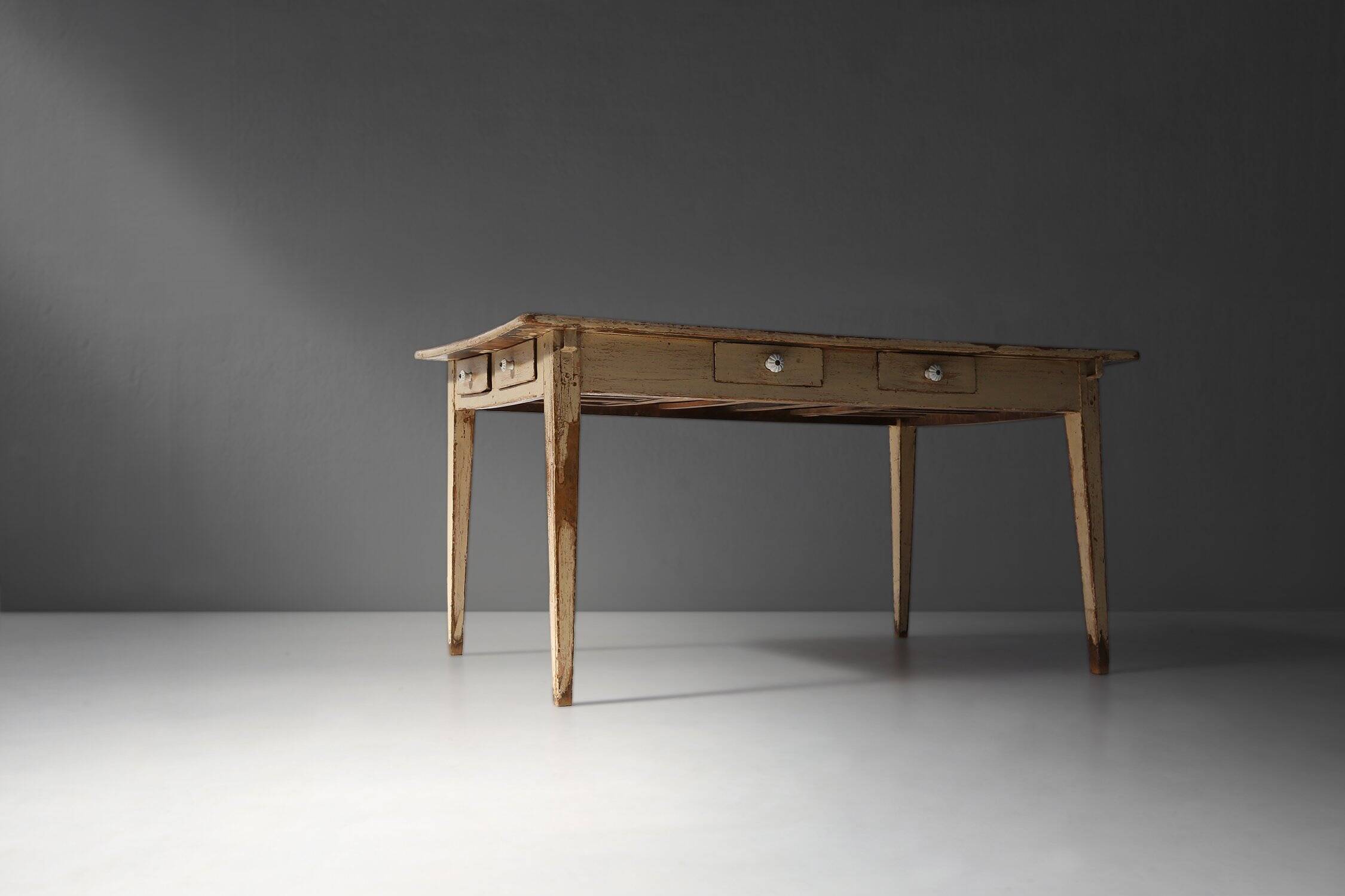 Painted Wooden Farm Table with Tapered Legs, France 1800s