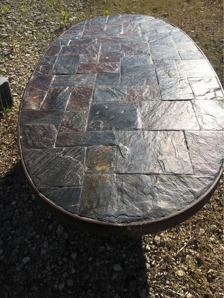 Oval wrought iron and slate coffee table in 1960/ 1970
