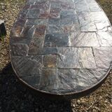 Oval wrought iron and slate coffee table in 1960/ 1970