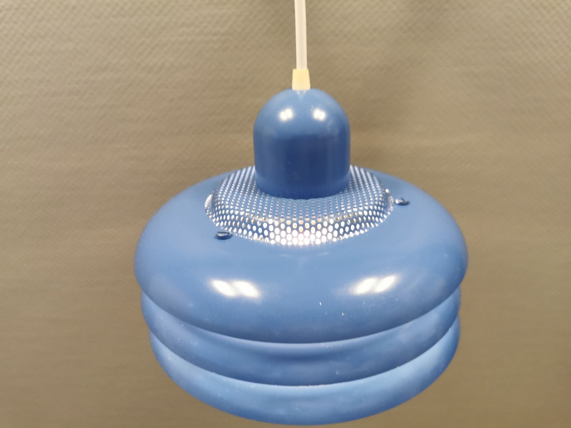 Blue lacquered metal lamp, with several layers of shades, Danish from the 80s.