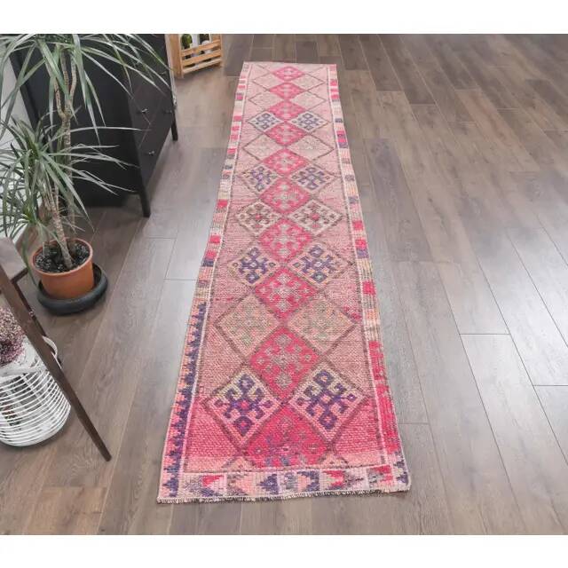 Pink Beige-Blush Vintage Turkish Hand-Knotted Runner 72x365