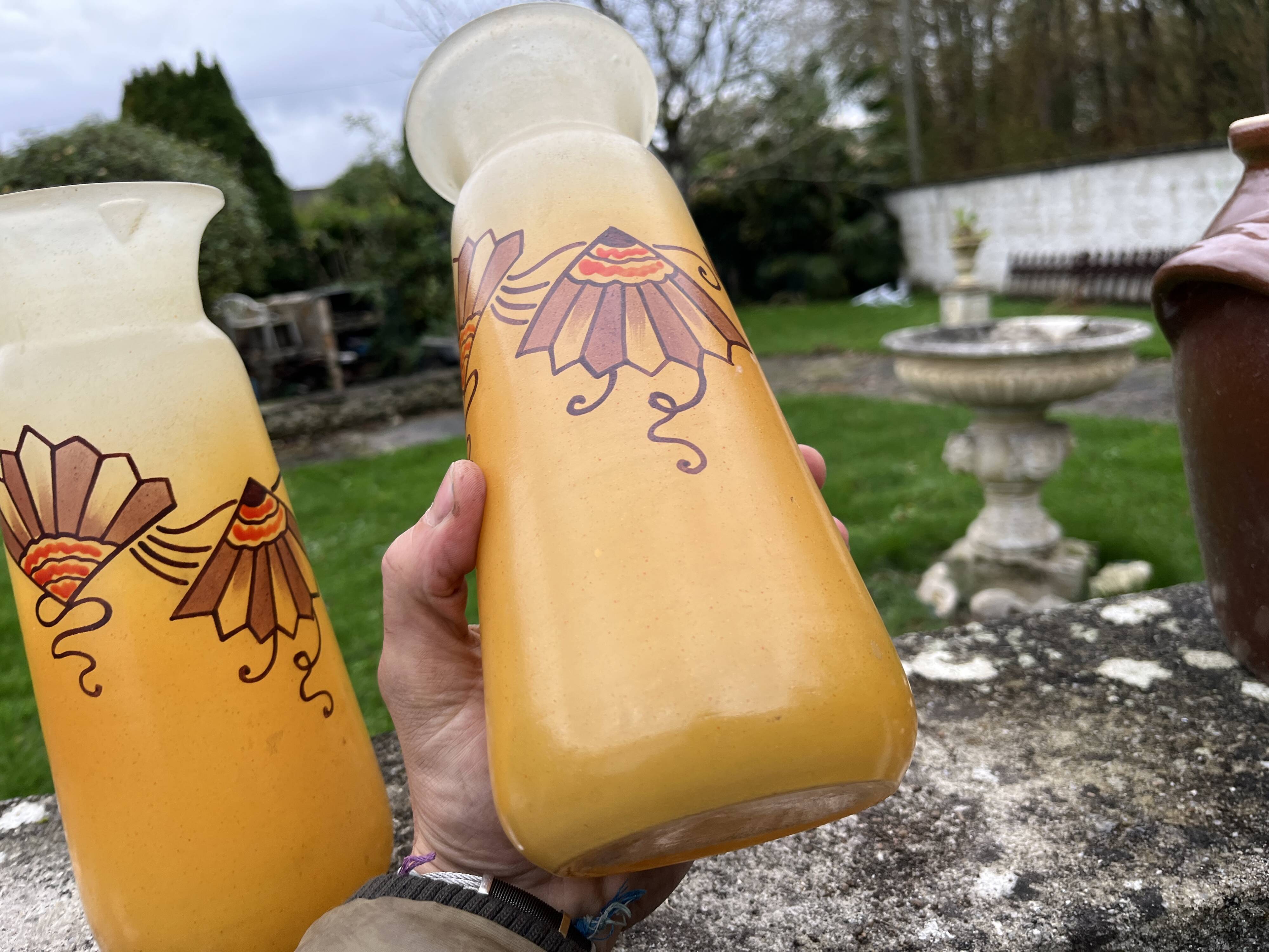 Pair of orange Legras Art Deco enameled glass vases
