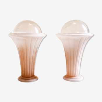 Pair of art deco opaline lamps and glass