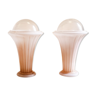 Pair of art deco opaline lamps and glass