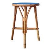 Sellette en rotin - tabouret plateau peint rond bleu klein
