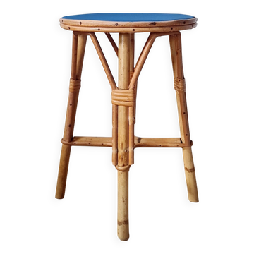 Sellette en rotin - tabouret plateau peint rond bleu klein