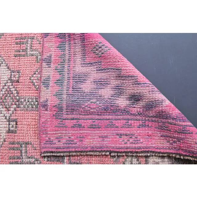 Vintage Turkish Oushak handmade wool cotton pink runner rug 84x379