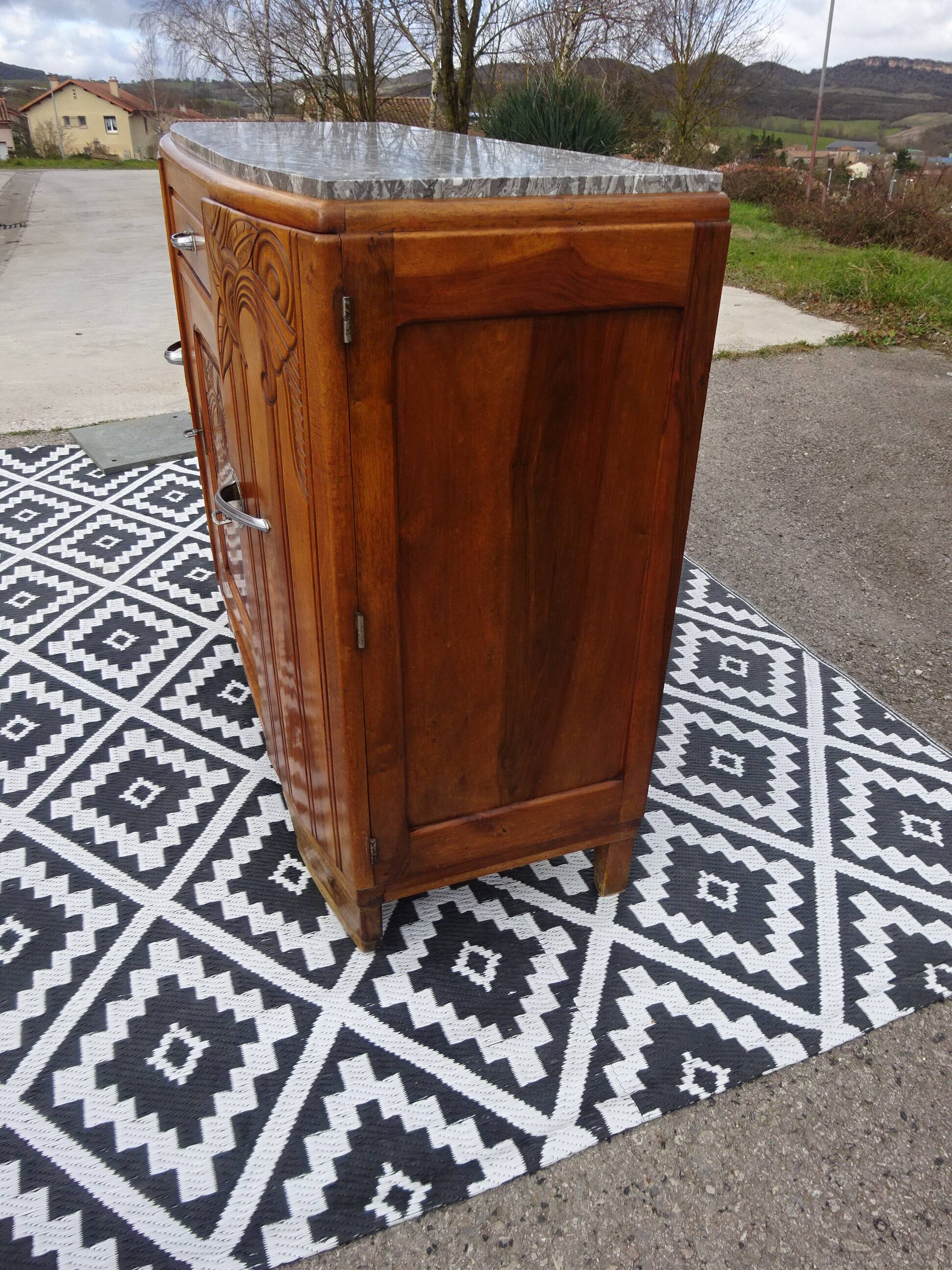 Art Deco sideboard in light walnut, grey/white marble