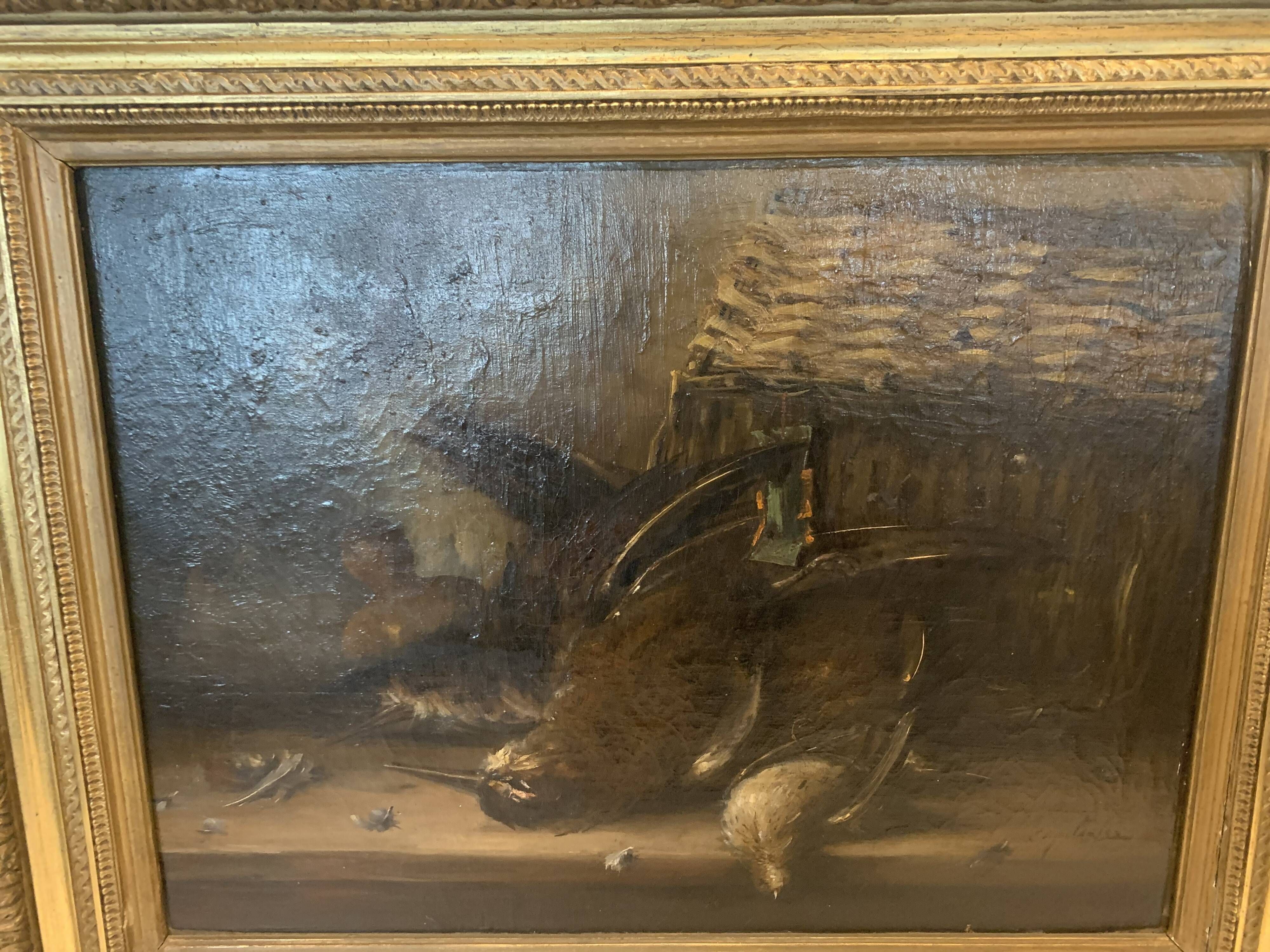 E . F PARISY Oil on canvas Still life with basket and birds XIX century