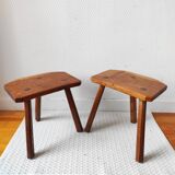 Pair of brutalist tripod stools in solid wood.
