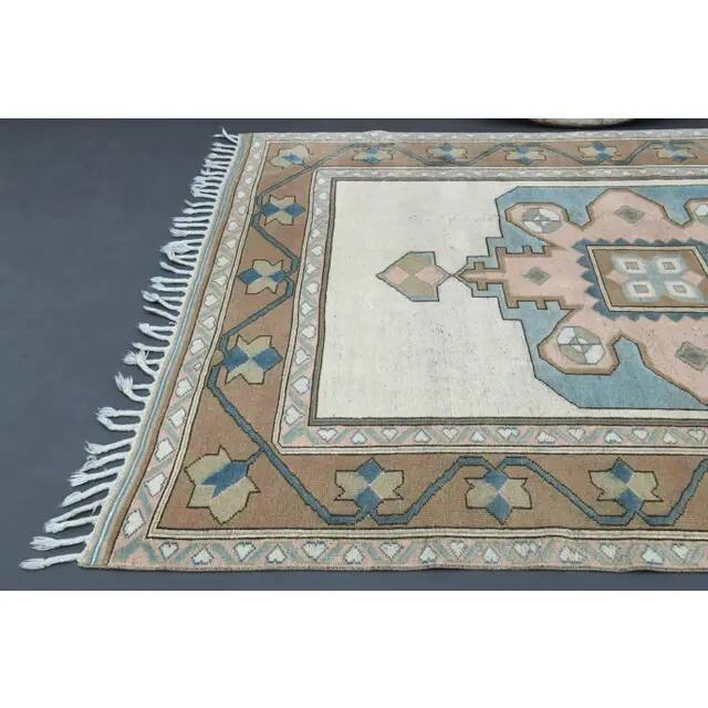 Vintage Turkish Hand-Knotted Wool Cotton Beige Area Rug 193x263
