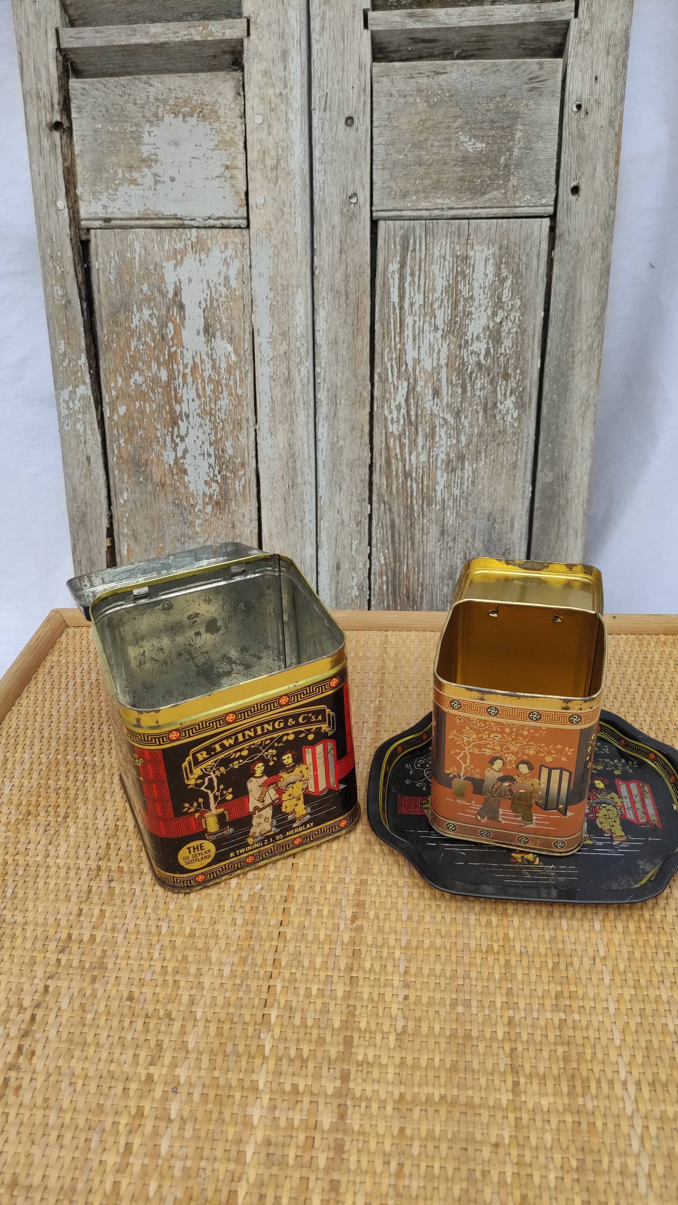 Vintage white metal tea boxes