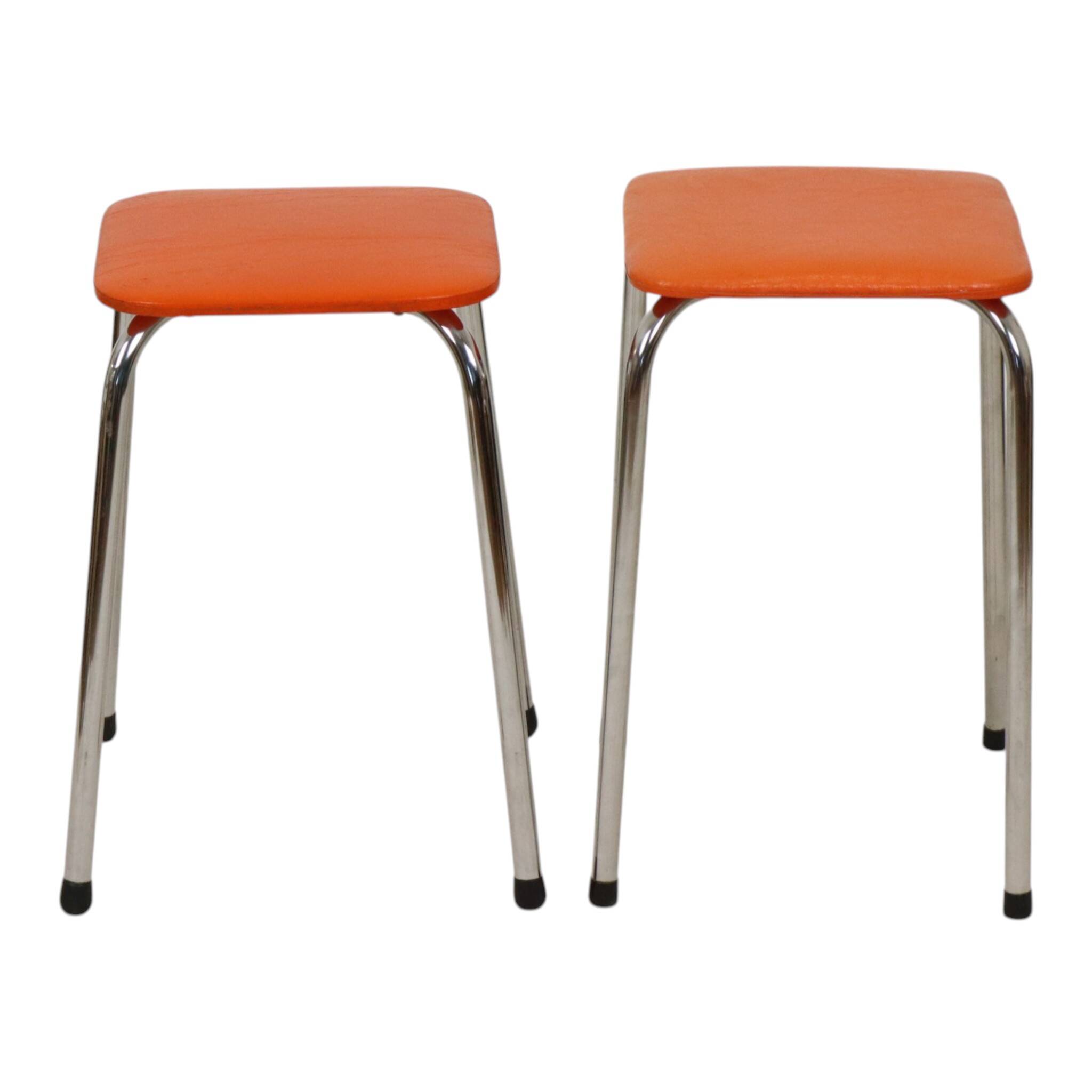Set of 2 Stools Orange Faux Leather Chrome Base Sixties