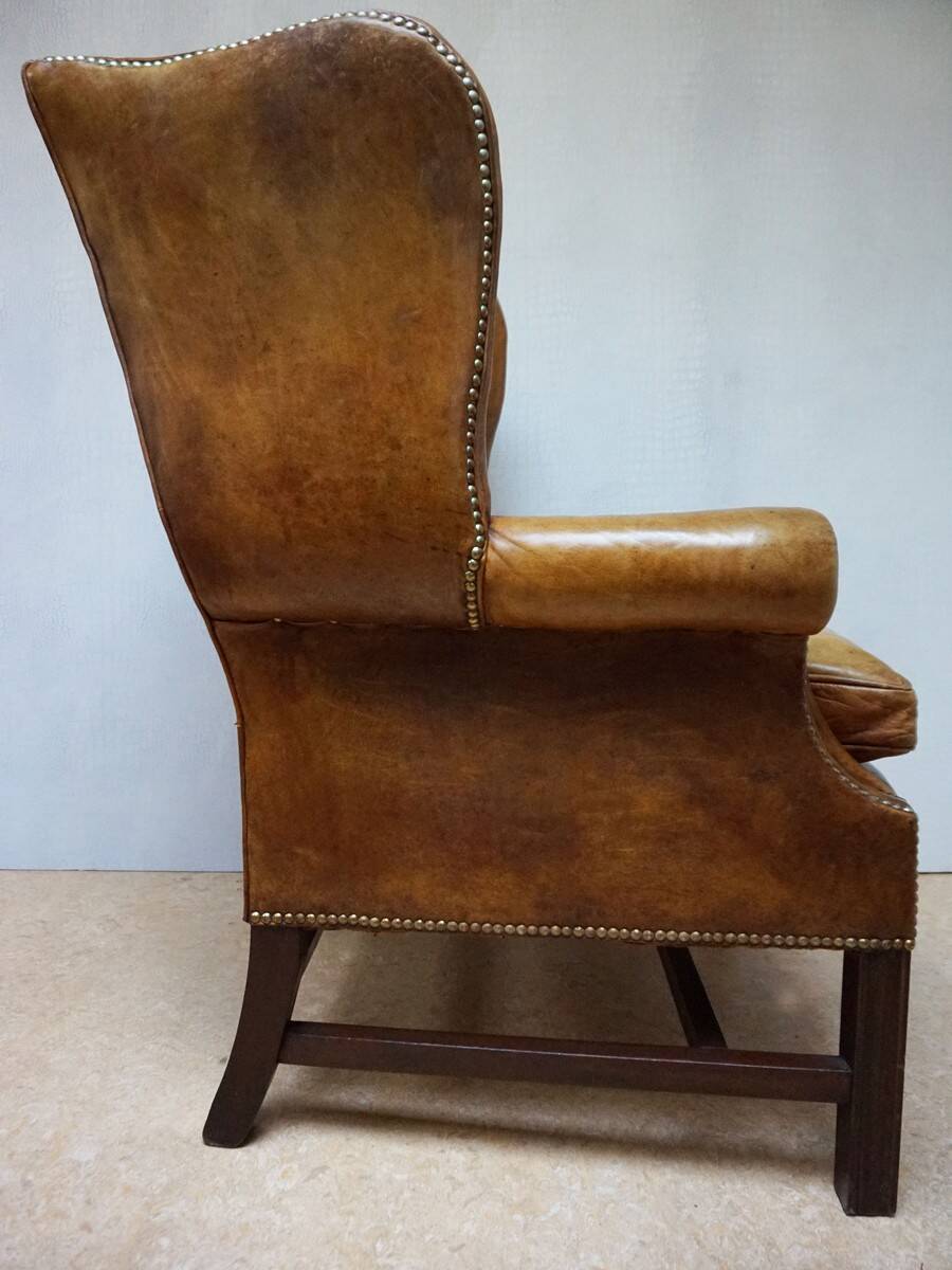 Vintage Cognac Leather Wingback Chesterfield Armchair, England 1940s