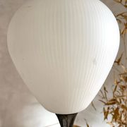 Vintage reed floor lamp in black metal and brass with three white opalines
