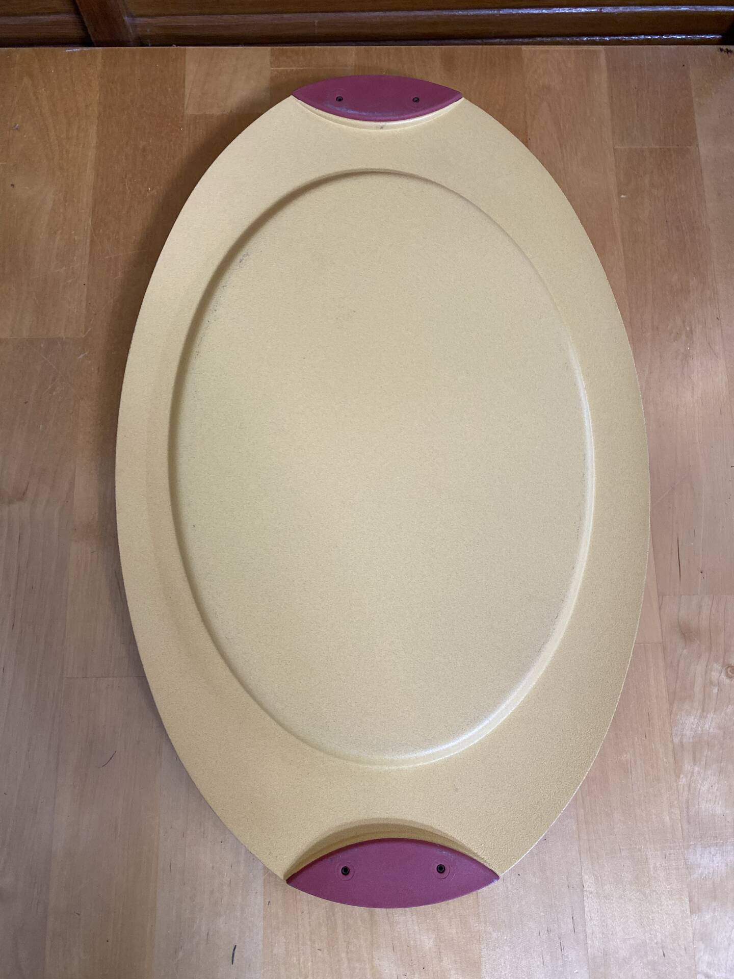 Vintage Yellow Lacquered Metal Tray with Red Plastic Handles