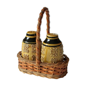 Salt and pepper shaker ceramic  on a little braided tray, vintage