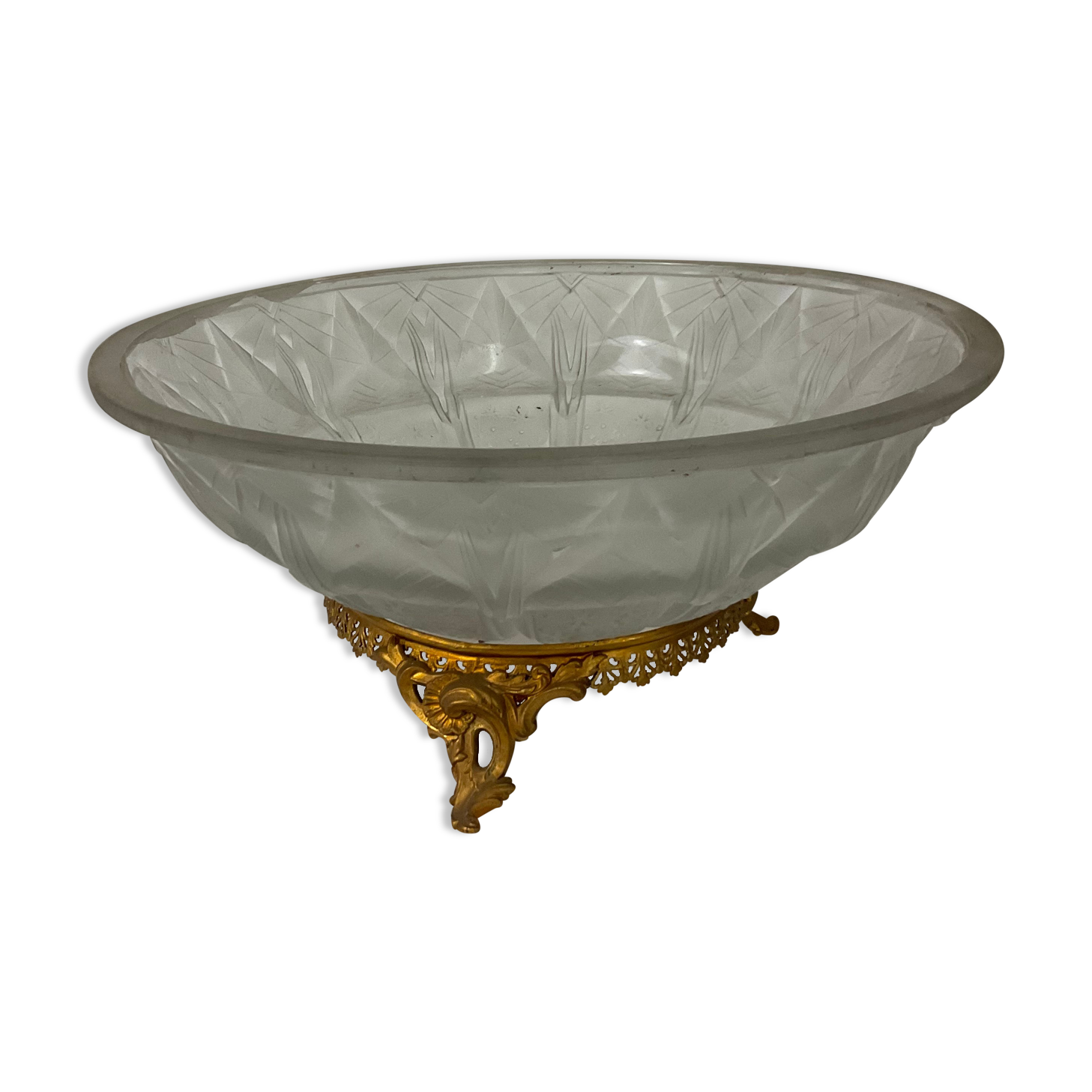 Fruit cup centerpiece in frosted glass and art nouveau art deco bronze signed Muller frères
