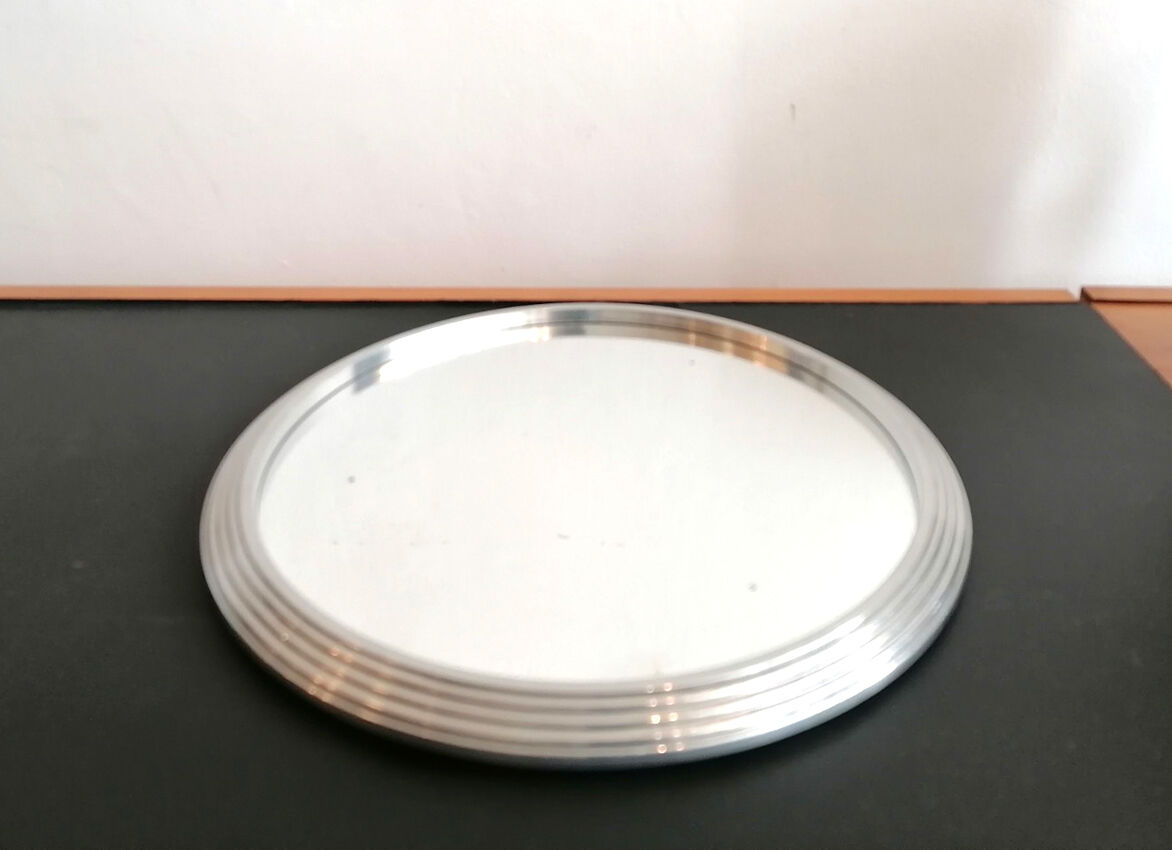 Set of 3 round mirrored trays, metal strapping, 1950/60