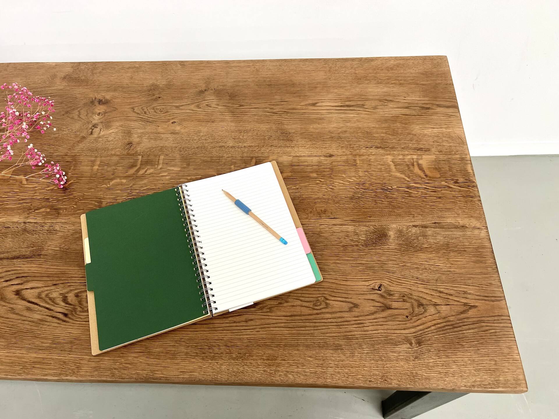 Solid oak dining table from the 70s with metal legs