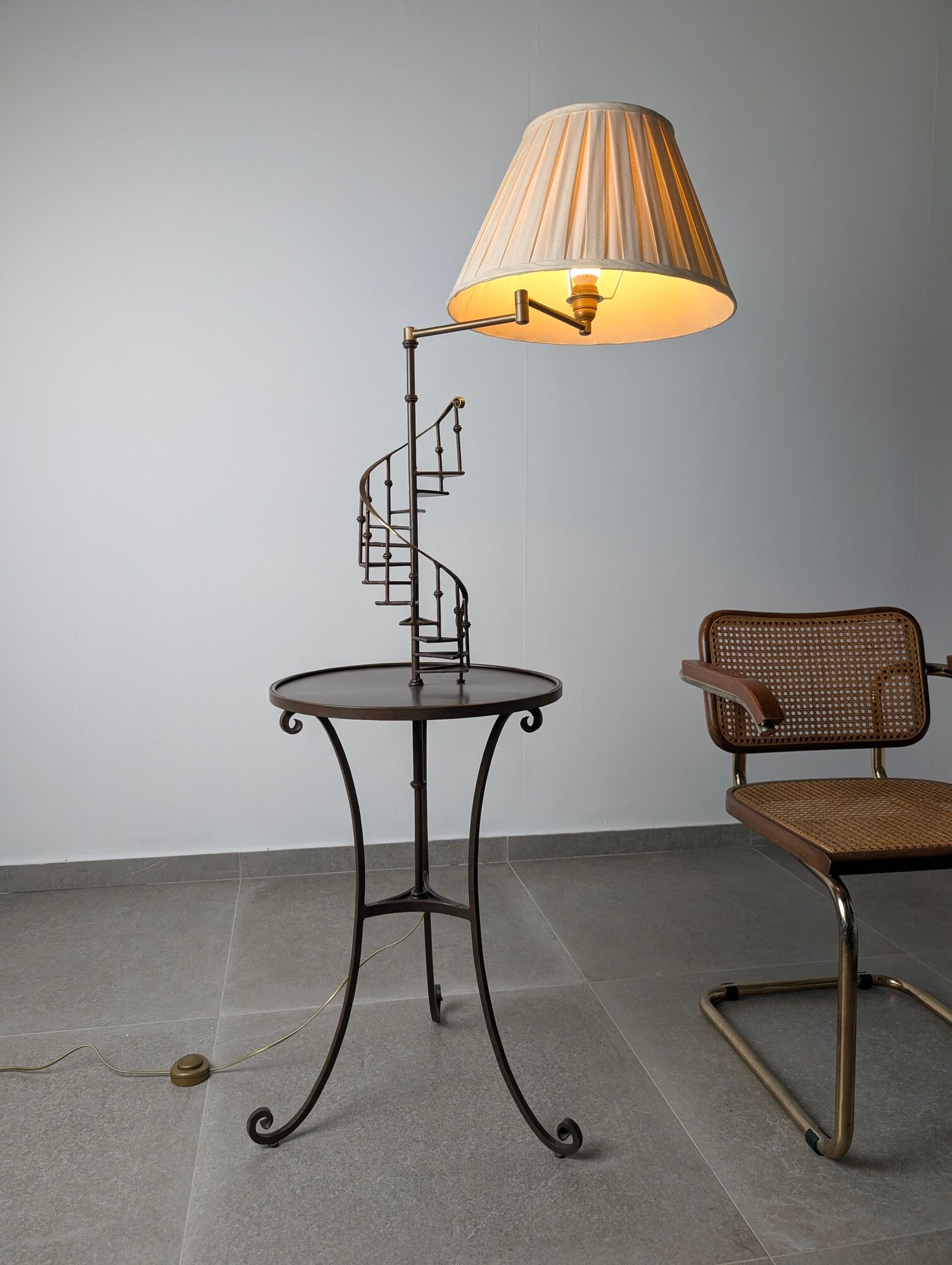 French Floor Lamp with Spiral Staircase, iron and brass, Mid-Century
