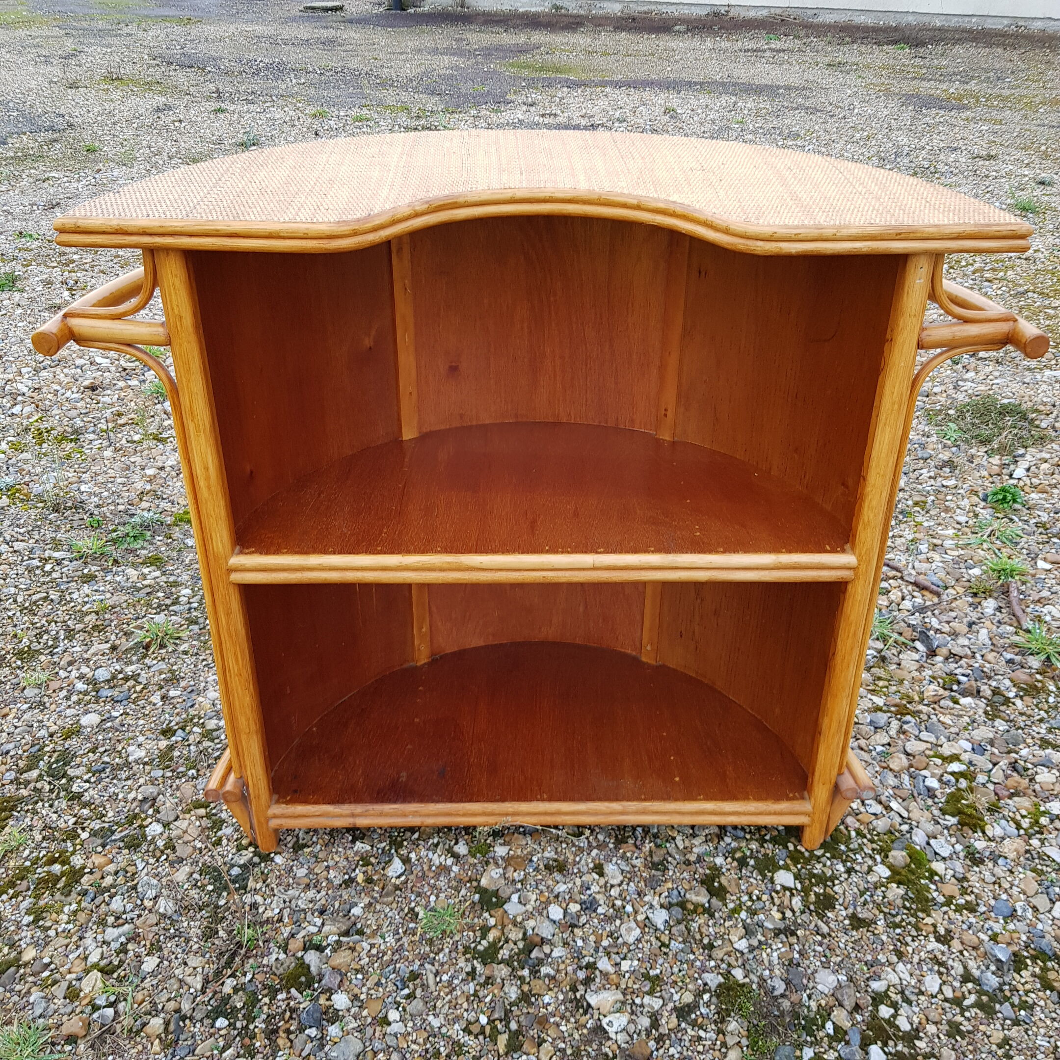 Vintage bamboo and rattan bar and pair of high stools