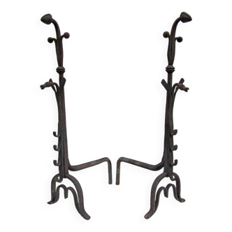 17th-18th Century Hand Forged Iron Dragon Gothic Andirons or Firedogs