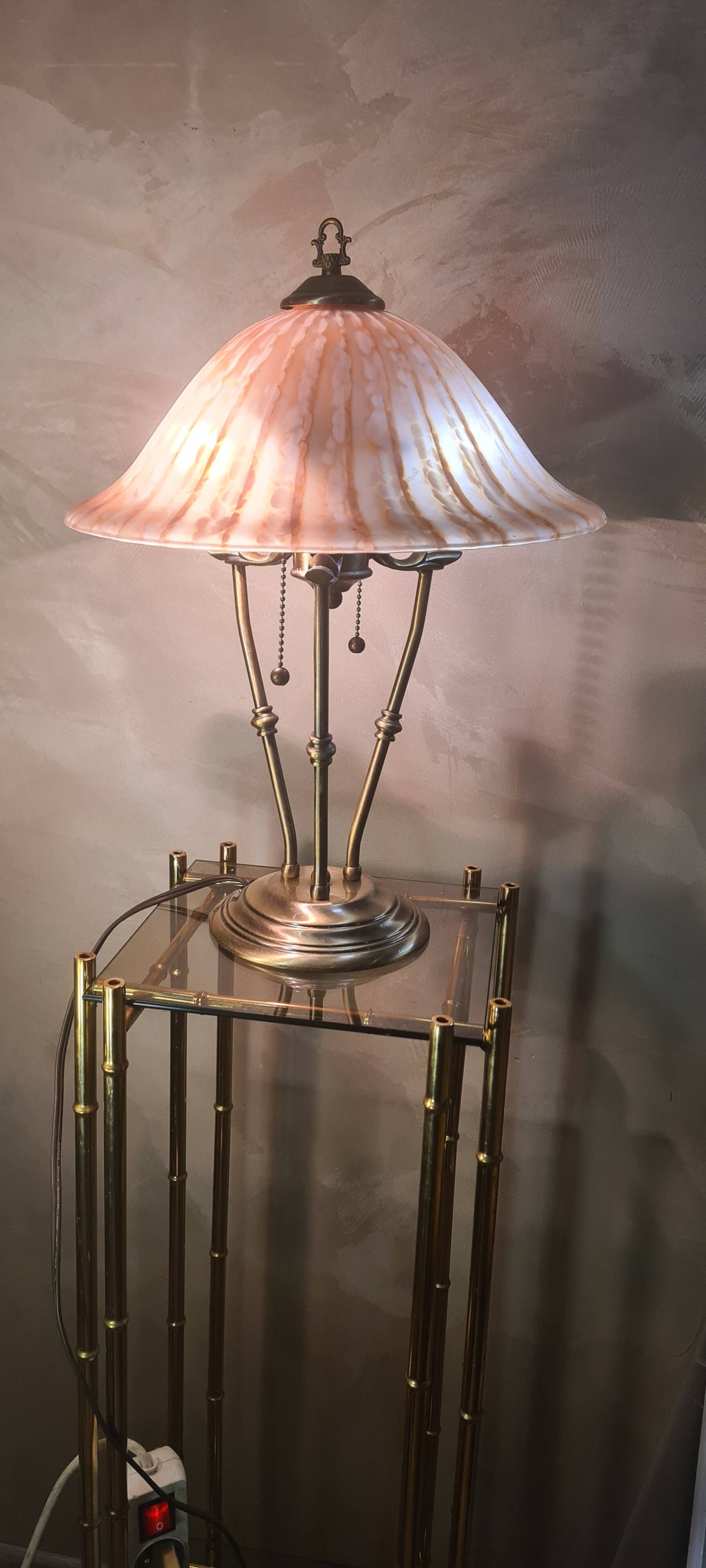 brushed brass lamp glass shade vianne 1970 to 80 with independent pulls h47x35