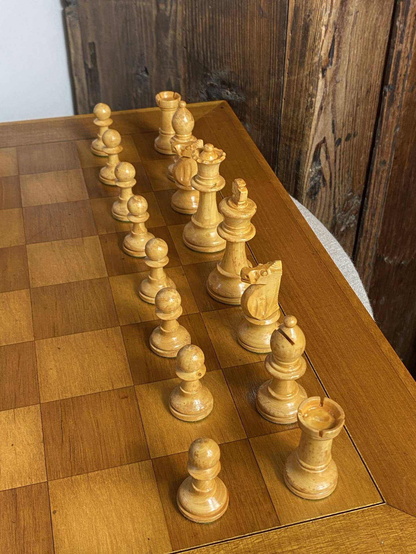 Chess set with wooden board and pieces