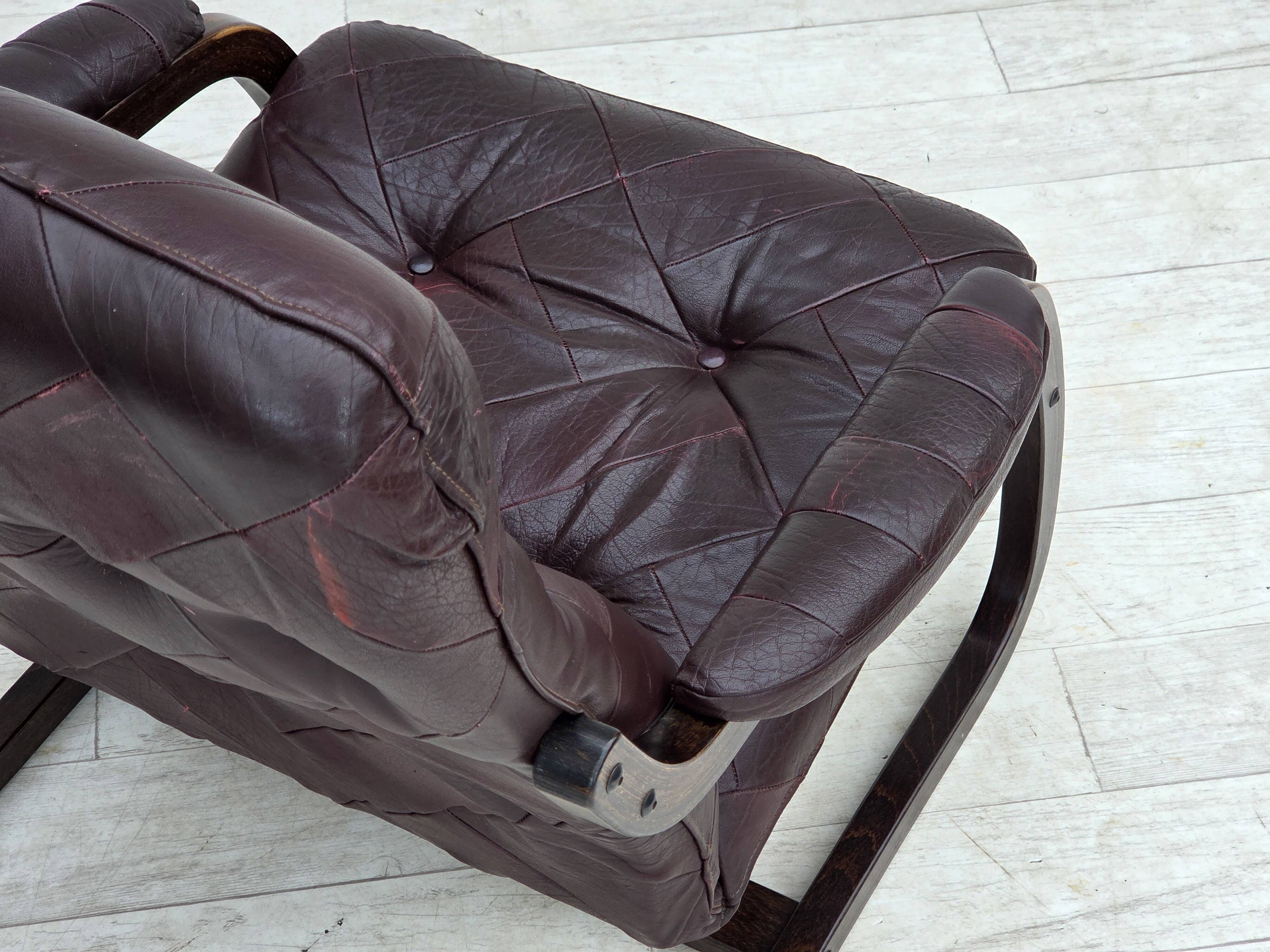 1970s, Scandinavian armchair, brown furniture leather, bent wood.