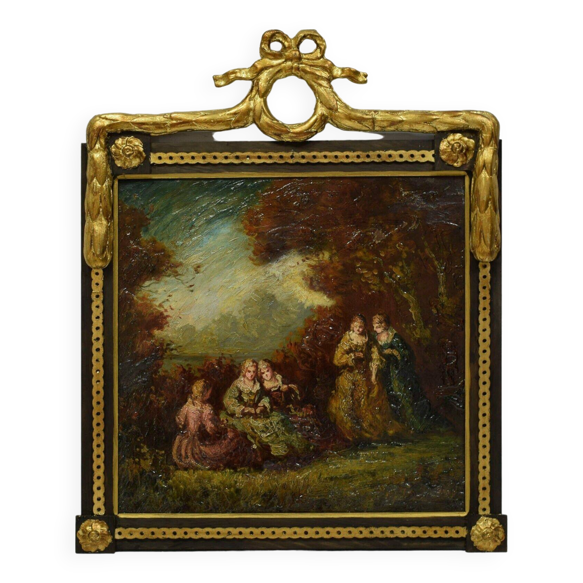 Old oil painting genre scene women walking in the forest - French school