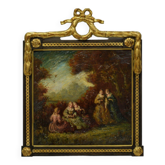 Peinture à l'huile ancienne scène de genre femmes marchant dans la forêt - Ecole française