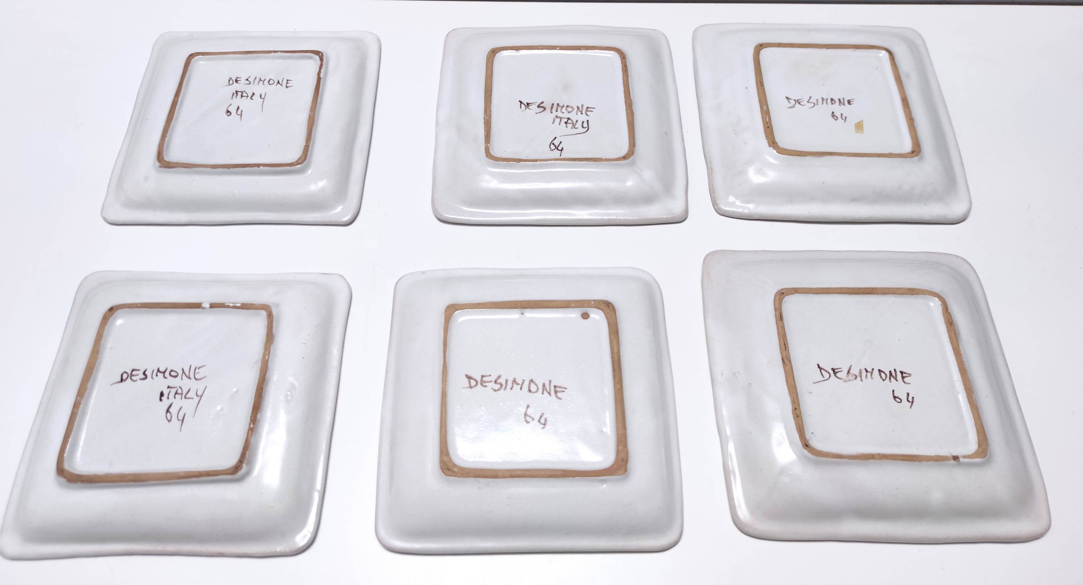 Set of Six Vintage Square Hand-Crafted Earthenware Plates by De Simone, Italy