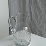 Glass carafe with handle with etched geometric grid pattern