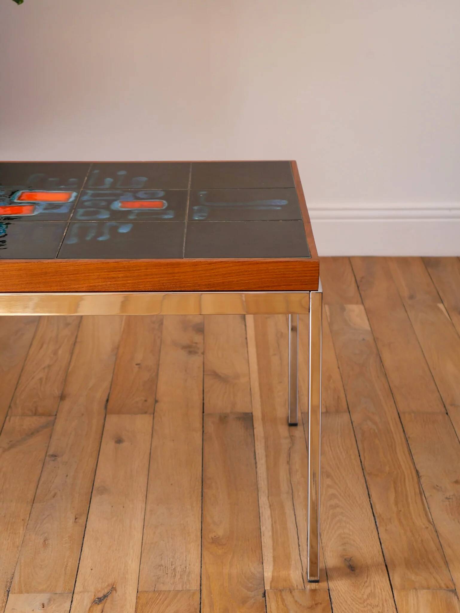 Table basse en céramique, teck & chrome, design, 1970